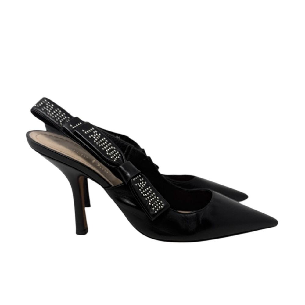 Dior J’Adior Studded Logo Ribbon Black Leather Slingback Pumps Size 37.5